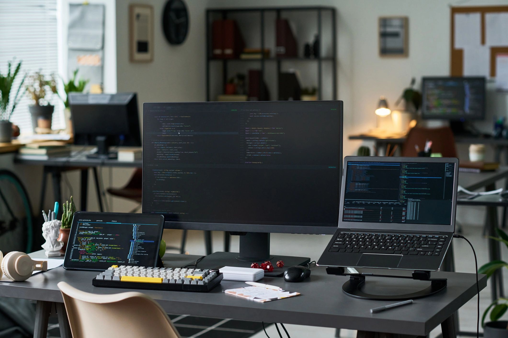 Espacio de trabajo de desarrollo web con pantallas y código